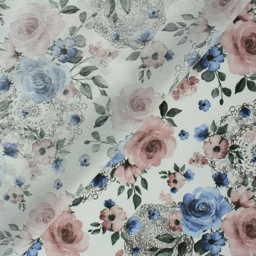 Loneta de decoração - Floral - Azul e Rosa