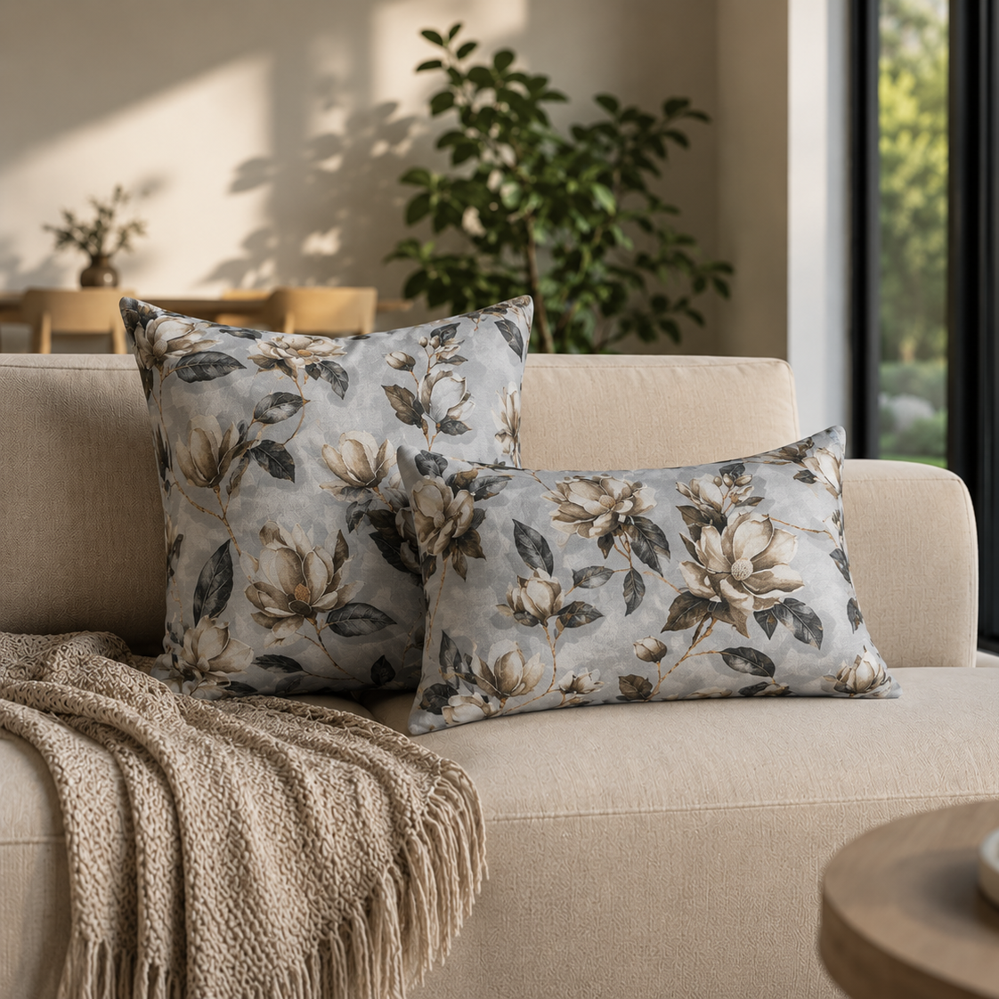Loneta de decoração-Floral-Bege&Cinzento