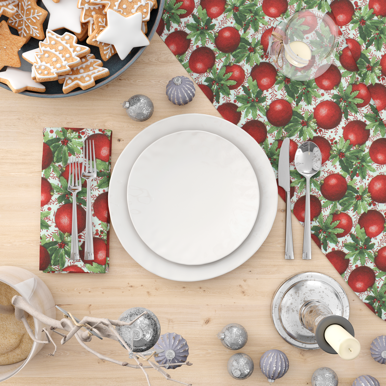 Natal - Loneta de decoração - Bolas e Azevinhos - Vermelho