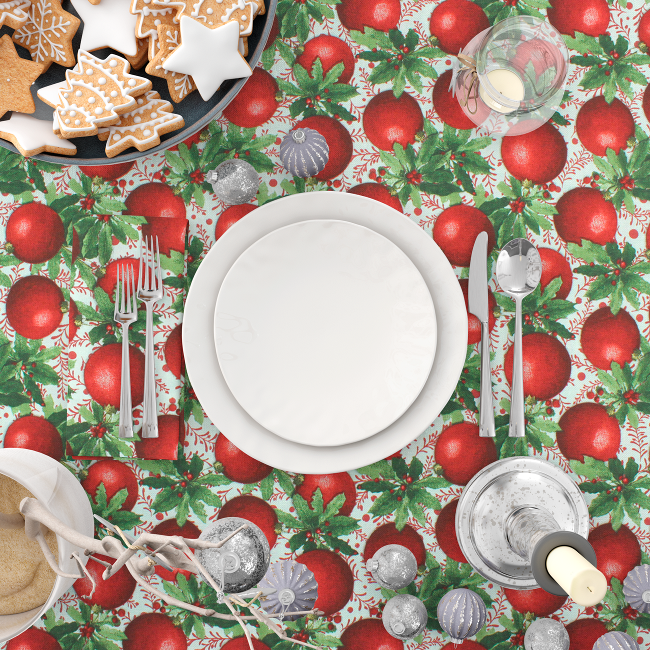 Natal - Loneta de decoração - Bolas e Azevinhos - Vermelho