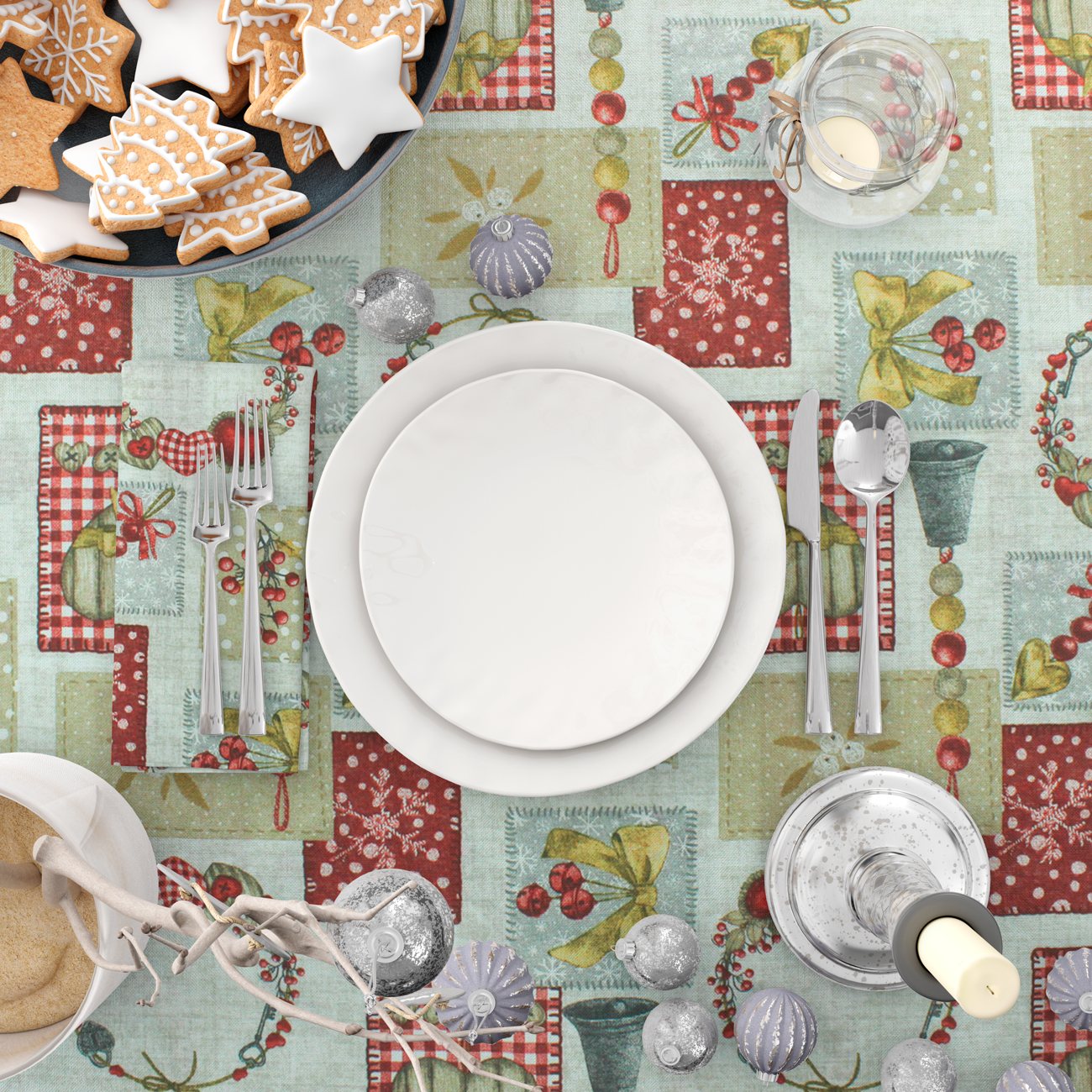 Natal - Loneta de decoração - Espirito Natalicio - Vermelho e Bege