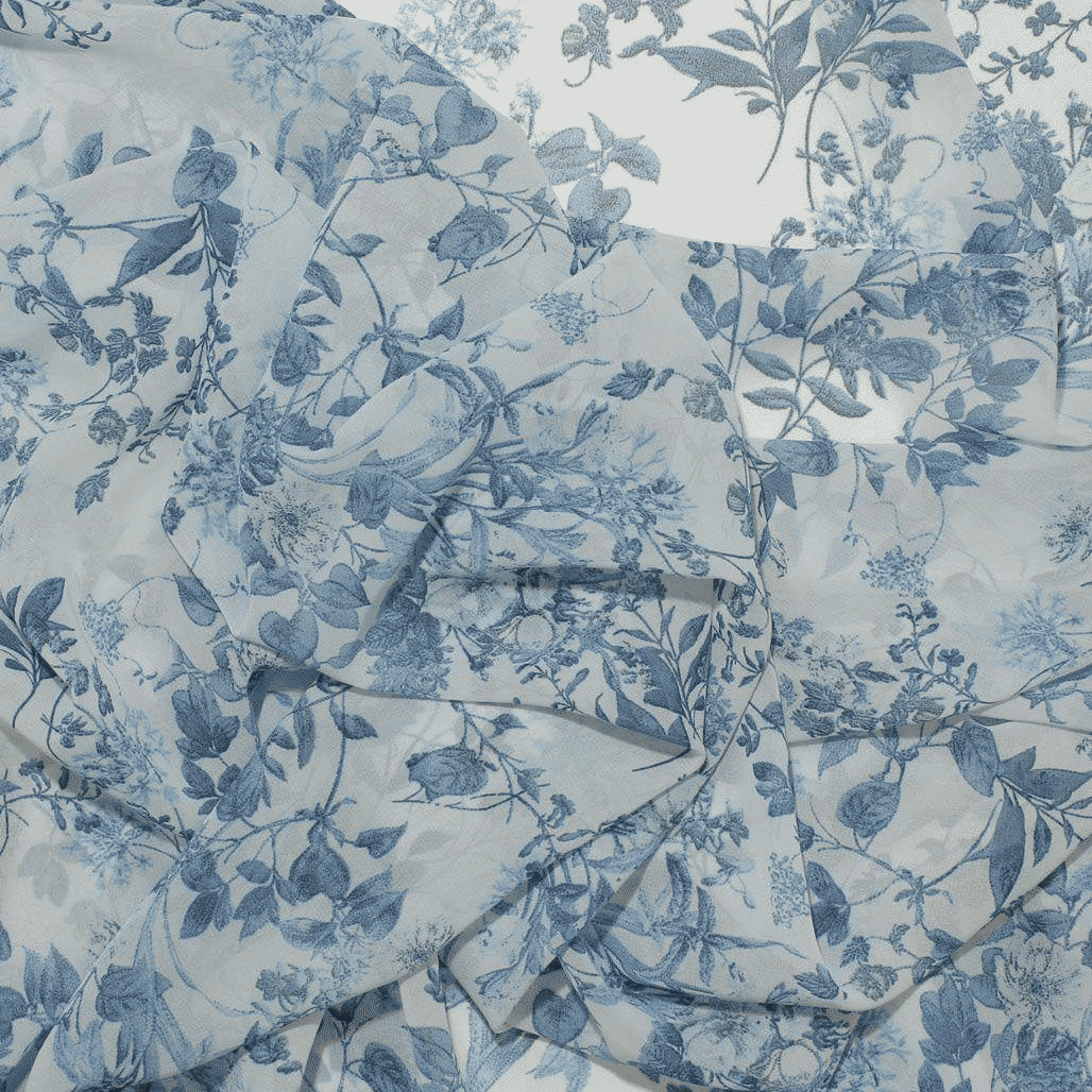 Camiseiro Estampado Floral Translúcido - azul Sedas Poliéster Tecido para Vestuário