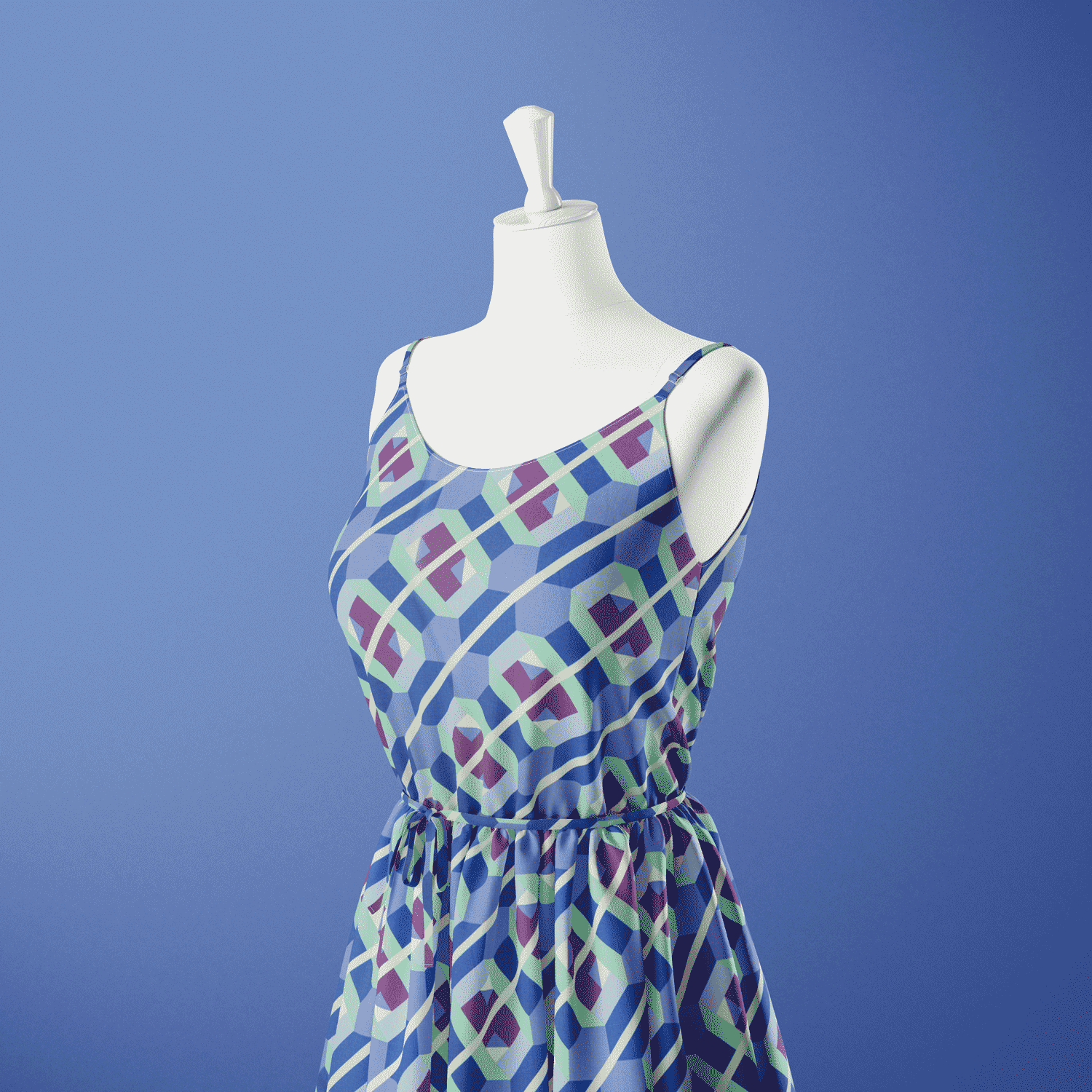 Camiseiro Estampado Geométrico - azul Sedas Poliéster Tecido para Vestuário