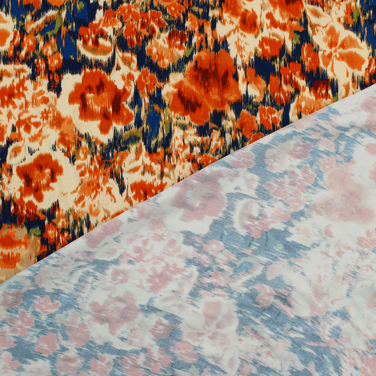 Estampado Viscose Floral - laranja & azul Viscoses Estampadas Tecido para Vestuário