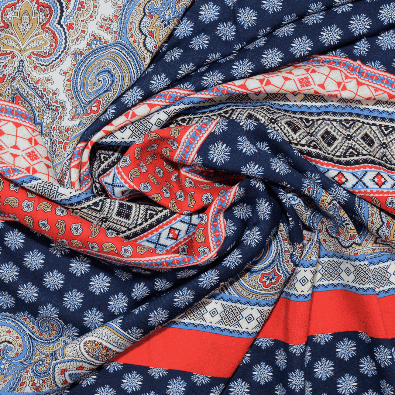 Estampado Viscose padrões - Azul & Vermelho Viscoses Estampadas Tecido para Vestuário