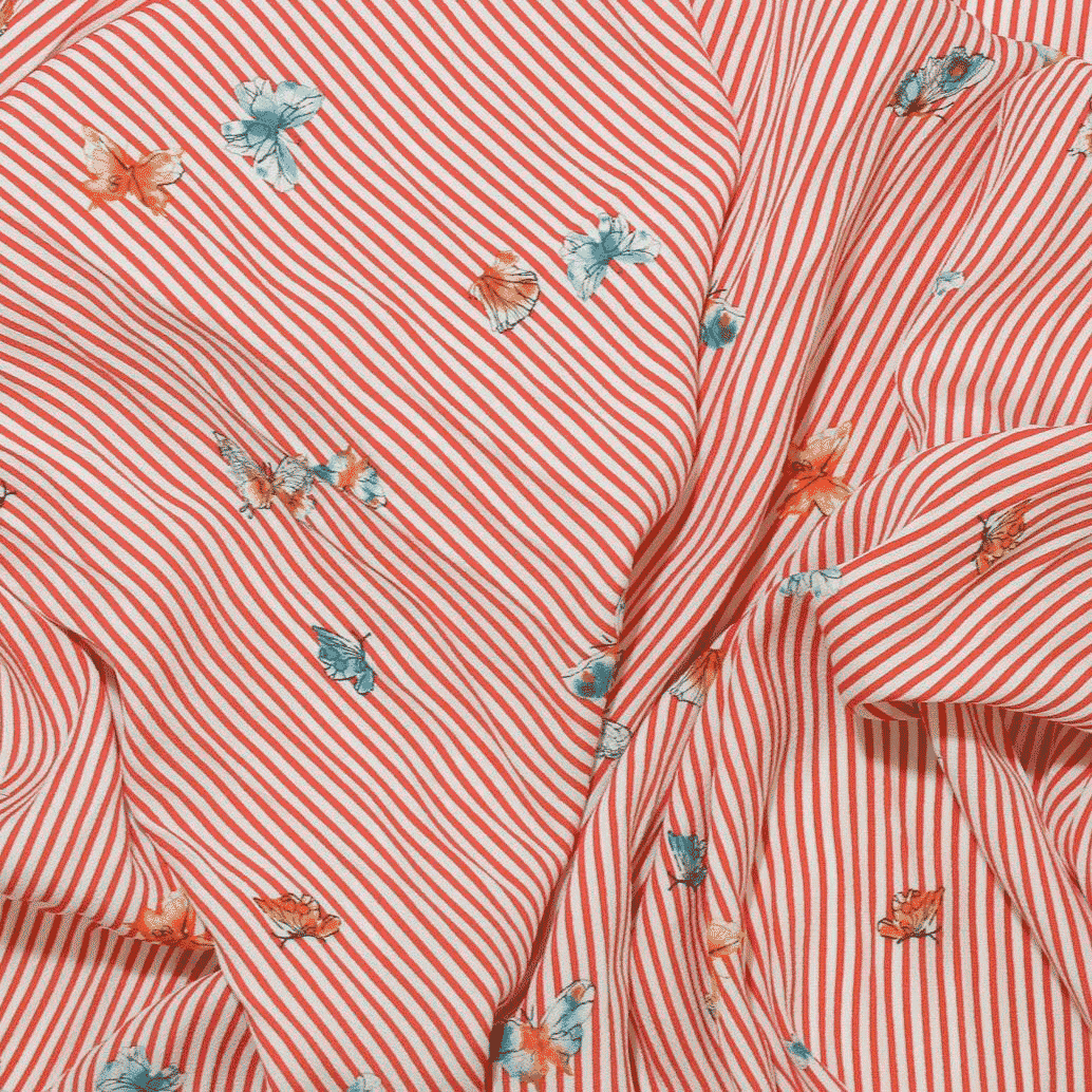 Estampado Viscose Riscas Borboletas - vermelho Viscoses Estampadas Tecido para Vestuário