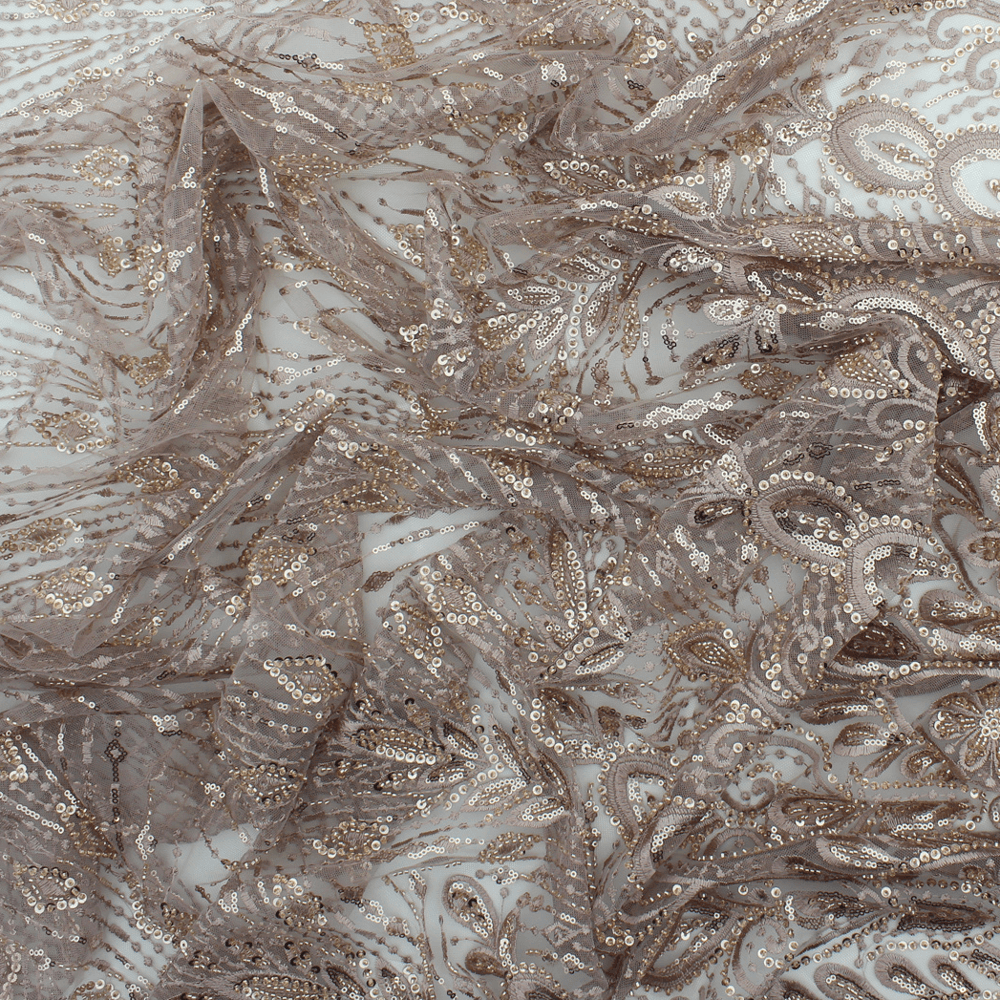 Renda de Cerimónia Bordada com Lantejoulas e Missangas - Rosa Dourado Rendas Tecido para Vestuário