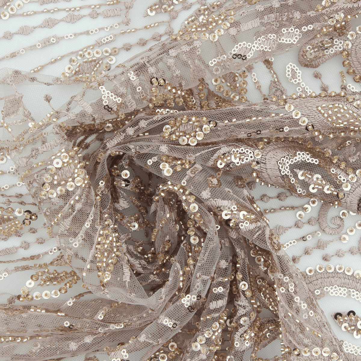 Renda de Cerimónia Bordada com Lantejoulas e Missangas - Rosa Dourado Rendas Tecido para Vestuário