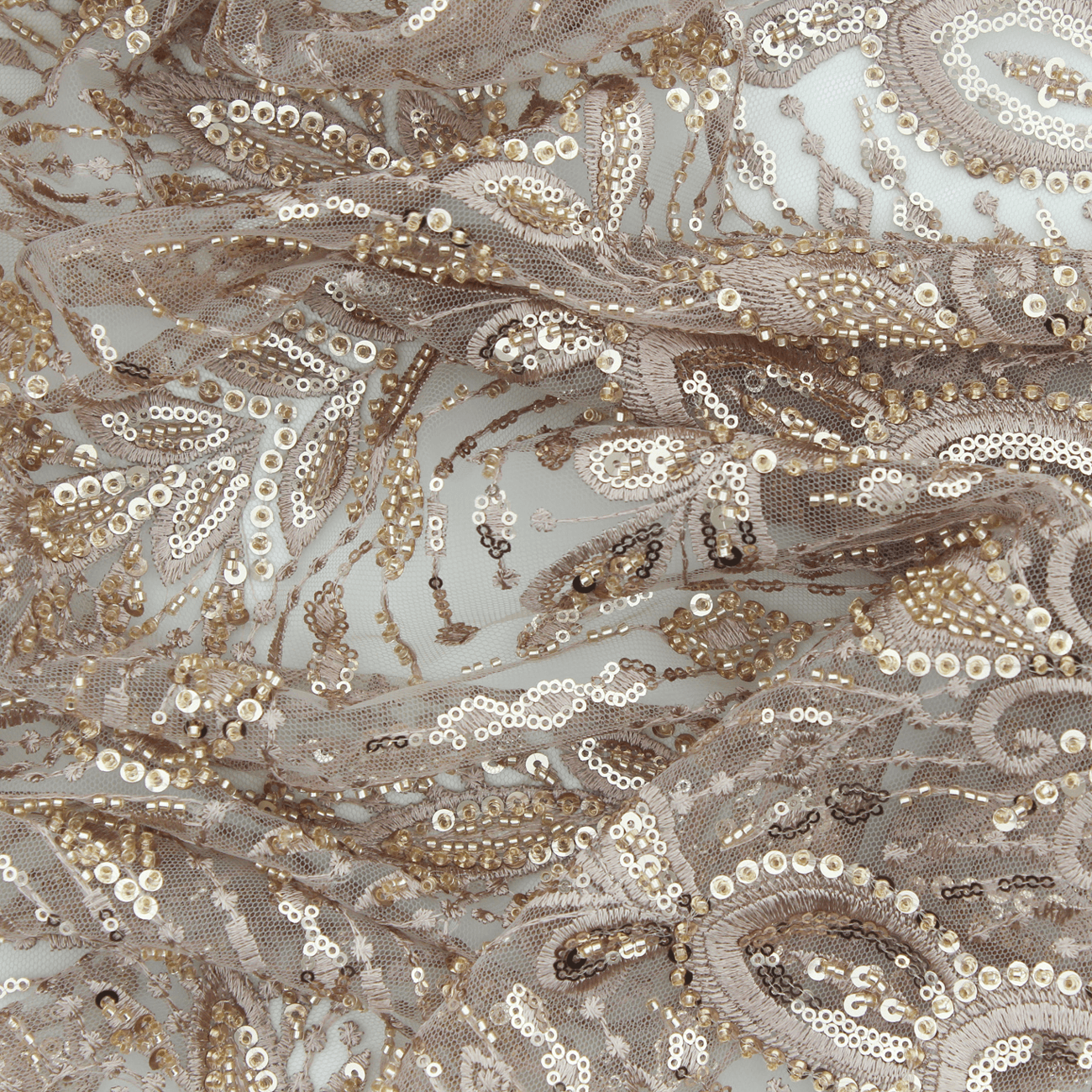 Renda de Cerimónia Bordada com Lantejoulas e Missangas - Rosa Dourado Rendas Tecido para Vestuário
