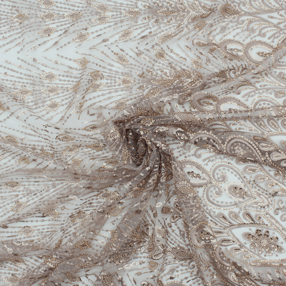 Renda de Cerimónia Bordada com Lantejoulas e Missangas - Rosa Dourado Rendas Tecido para Vestuário