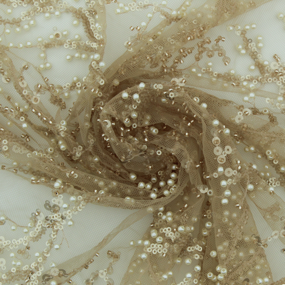 Renda de Cerimónia Bordada com Pérolas e Missangas - Bege Rendas Tecido para Vestuário