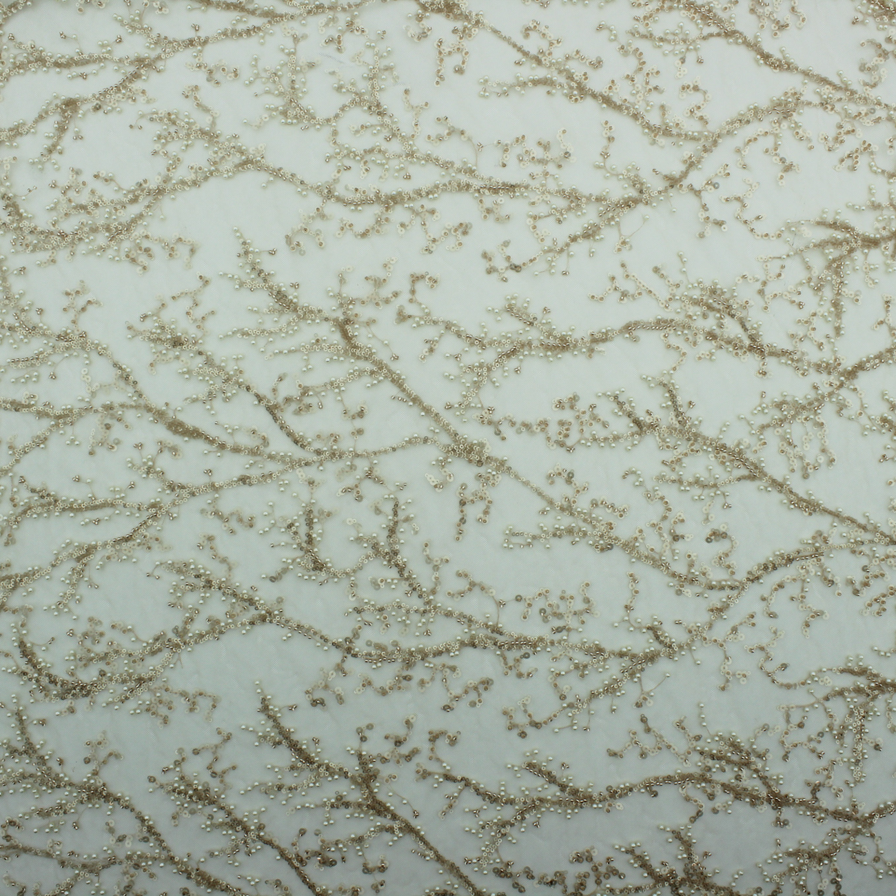 Renda de Cerimónia Bordada com Pérolas e Missangas - Bege Rendas Tecido para Vestuário