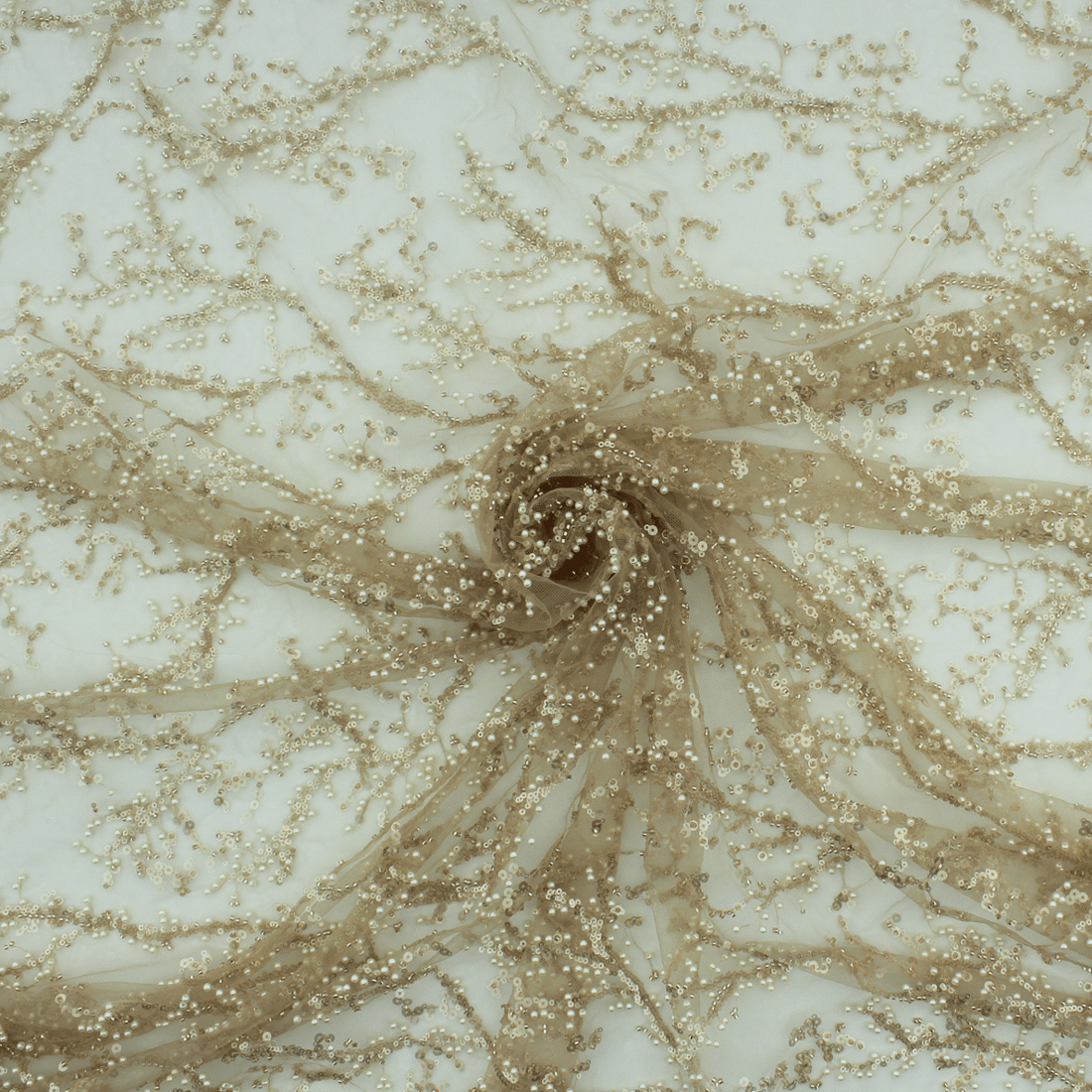 Renda de Cerimónia Bordada com Pérolas e Missangas - Bege Rendas Tecido para Vestuário