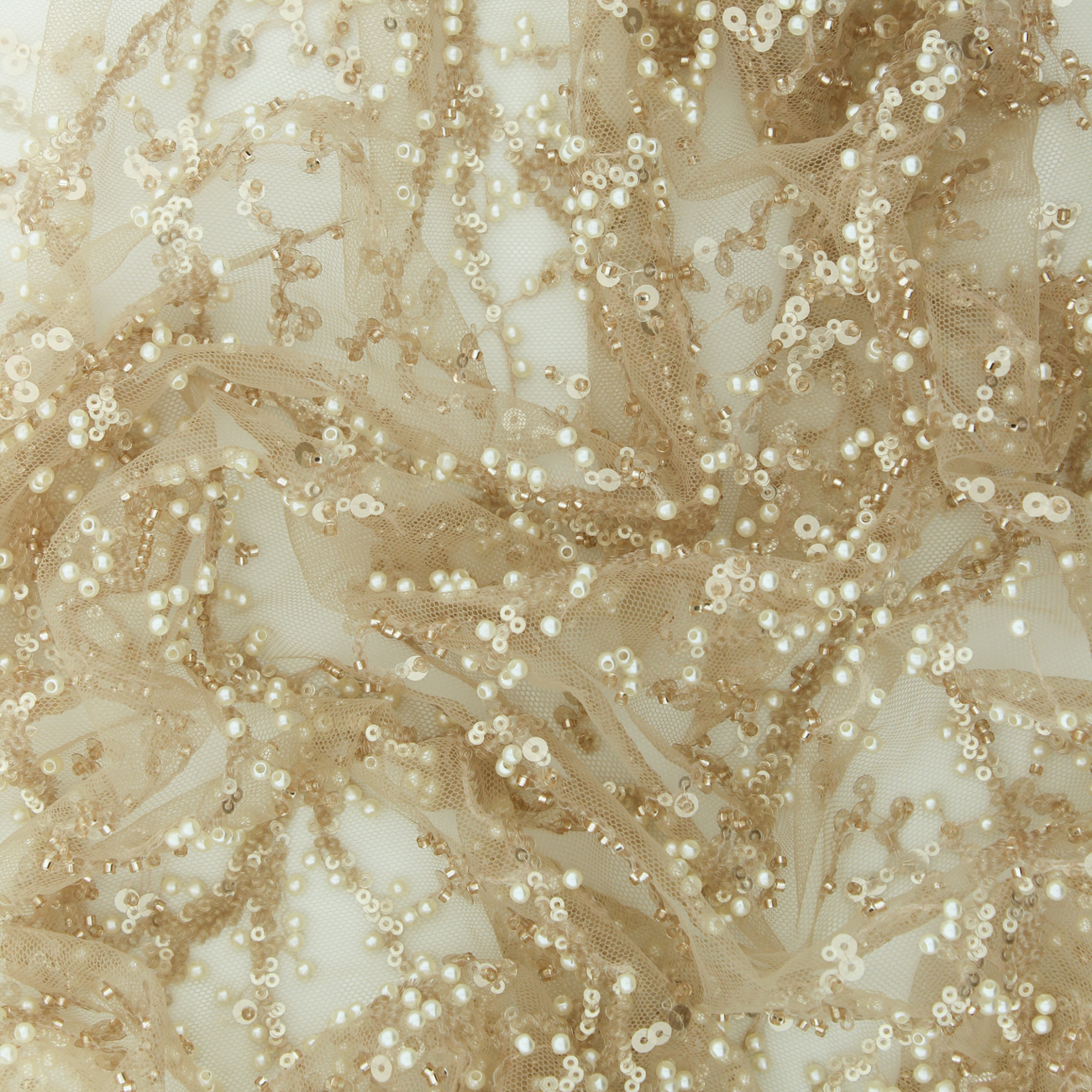 Renda de Cerimónia Bordada com Pérolas e Missangas - Bege Rendas Tecido para Vestuário