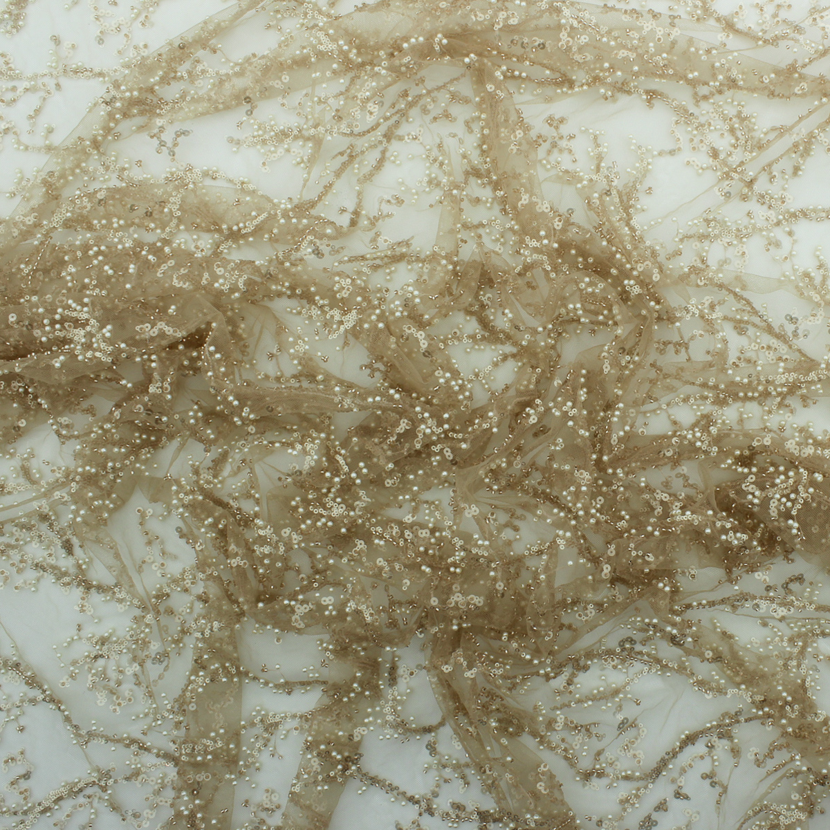 Renda de Cerimónia Bordada com Pérolas e Missangas - Bege Rendas Tecido para Vestuário