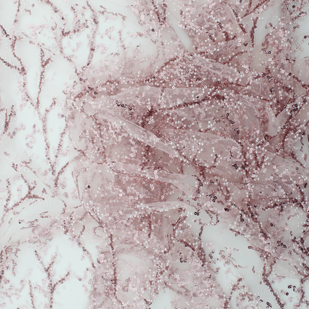 Renda de Cerimónia Bordada com Pérolas e Missangas - Rosa Rendas Tecido para Vestuário