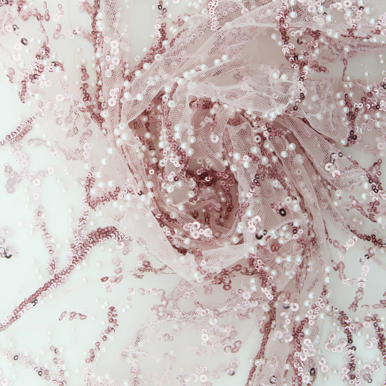 Renda de Cerimónia Bordada com Pérolas e Missangas - Rosa Rendas Tecido para Vestuário