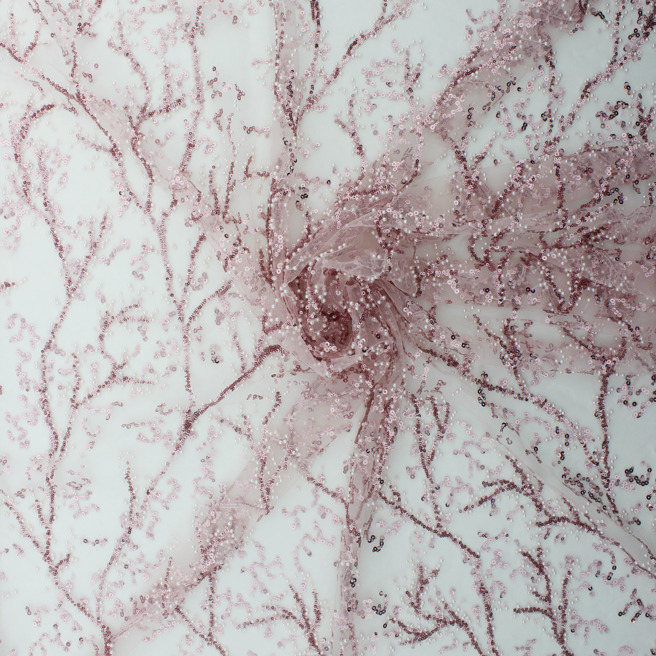 Renda de Cerimónia Bordada com Pérolas e Missangas - Rosa Rendas Tecido para Vestuário