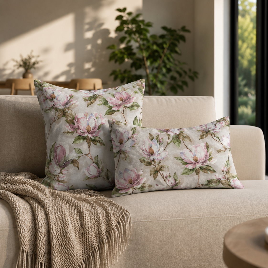 Loneta de decoração-Floral-Verde&Rosa