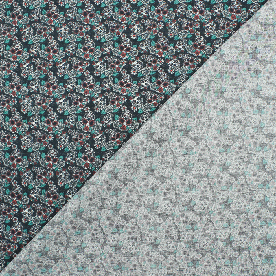 Algodão Estampado - Caveira - preto & azul Algodões Estampados Tecido para Decoração e Vestuário 