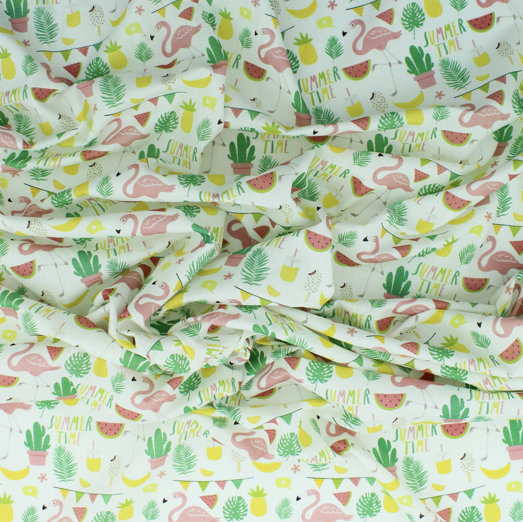 Algodão Estampado - Flamingos - verde Algodões Estampados Tecido para Decoração e Vestuário 