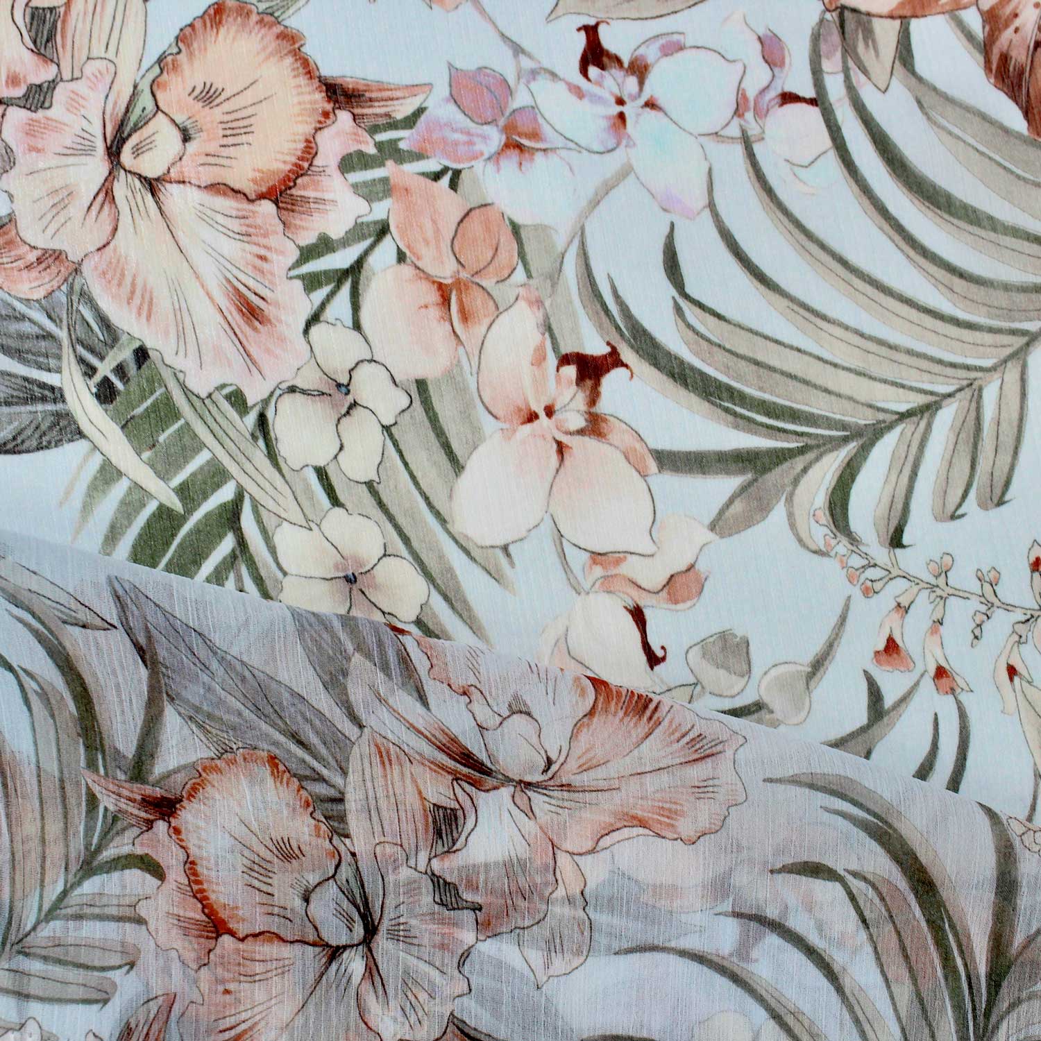 Retalho Camiseiro Translúcido Floral - azul & coral Retalhos Feira dos Tecidos Online 